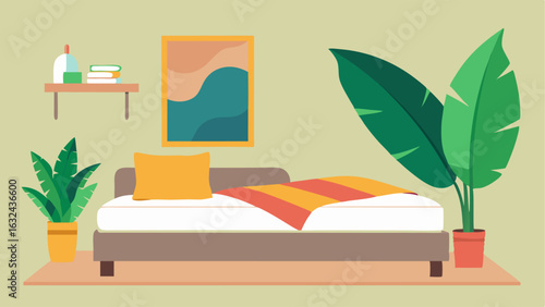 A minimalist bedroom with a simple platform bed adorned with a colorful throw blanket and tropical print throw pillows framed by a large banana leaf wall hanging.
