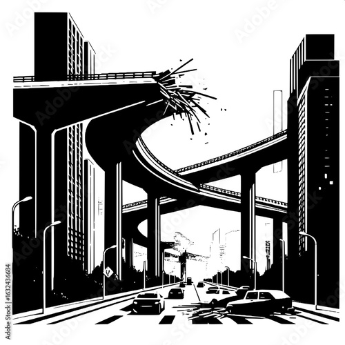 Black and White Vector Silhouette of a Collapsed Overpass