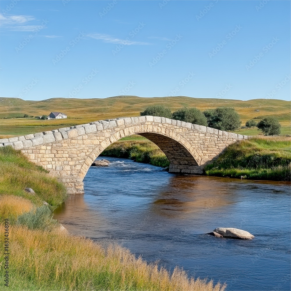 Fototapeta premium Stone Arch Bridge Over Calm River in Green Pastoral Landscape
