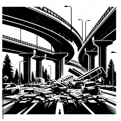 Black and White Vector Silhouette of a Collapsed Overpass