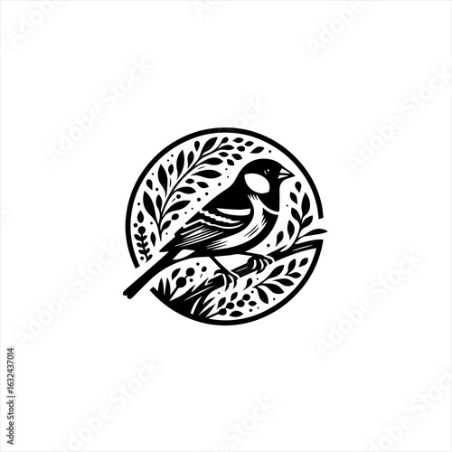 Stylized black and white bird perched on a branch with leaves