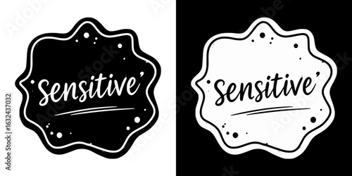 Isolated vector image of "Sensitive" label, two variants of design on transparent and black background, pencil drawing, chalk drawing
