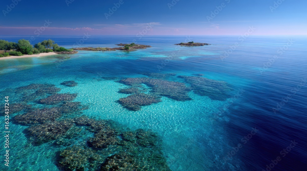 Fototapeta premium Birds eye view of clear tropical sea, coral reefs visible under surface, small islands scattered, vibrant and refreshing, travel or exotic location stock photo