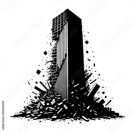 Black and White Vector Silhouette of a Man Standing in Front of Ruined City