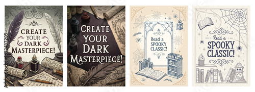 Set of four posters featuring vintage Halloween and literature themes with mystical elements