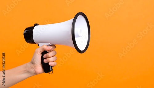 Hand Holding White Megaphone on Vibrant Orange Background