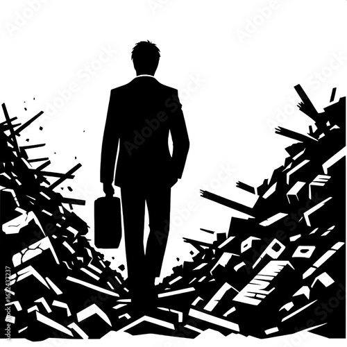 Black and White Vector Silhouette of a Man Walking Through Debris