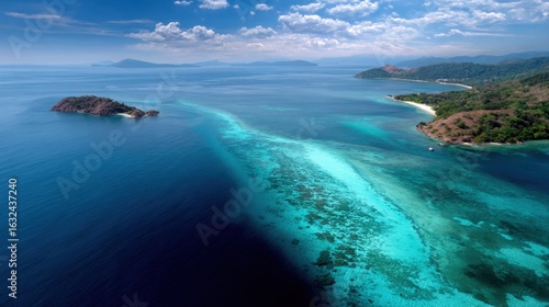 Wallpaper Mural Birds eye view of clear tropical sea, coral reefs visible under surface, small islands scattered, vibrant and refreshing, travel or exotic location stock photo Torontodigital.ca