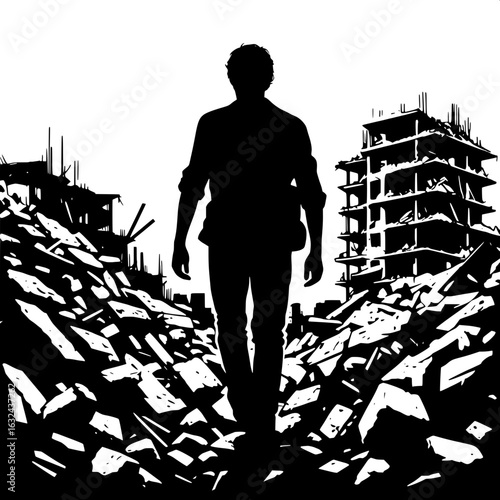 Black and White Vector Silhouette of a Man Walking Through Debris