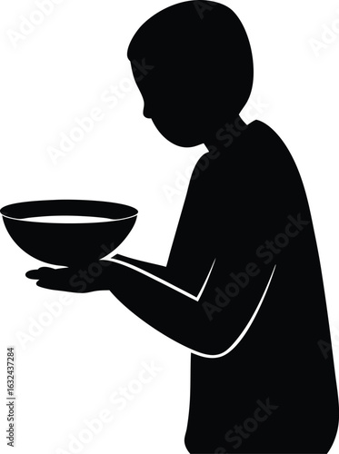 black silhouette a begging bowl on white backgroun.eps