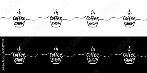 Isolated vector image of "coffee shop" logo, two variants of design on transparent and black background, pencil drawing, chalk drawing, seamless border
