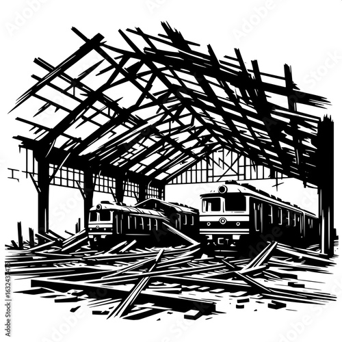 Black and White Vector Silhouette of a Train Station in Ruins