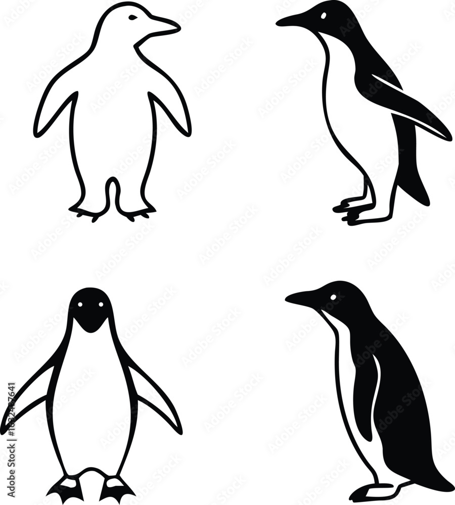 Fototapeta premium penguin silhouettes collection. Simple animal silhouette decorative elements drawn with one continuous line.