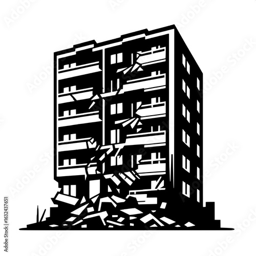 Black and White Vector Silhouette of a Collapsed Apartment Block