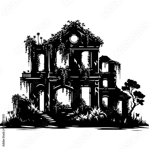 Black and White Vector Silhouette of an Abandoned City with Overgrown Plants