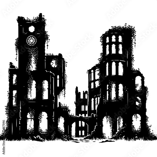 Black and White Vector Silhouette of an Abandoned City with Overgrown Plants