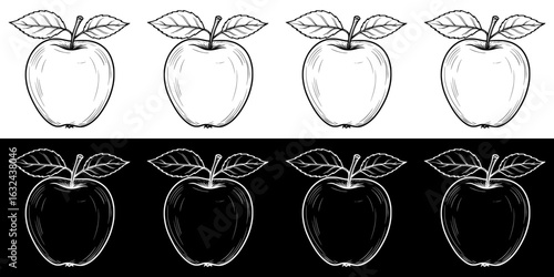Isolated vector image of apples, two variants of design on transparent and black background, pencil drawing, chalk drawing, seamless border

