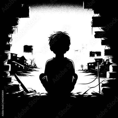 Black and White Vector Silhouette of a Boy Sitting on Broken Wall