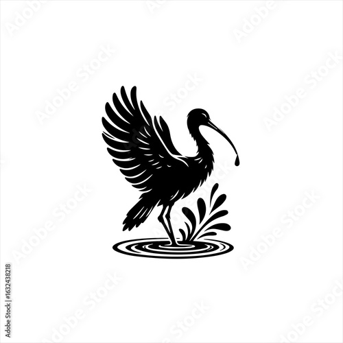 Stylized black silhouette of an ibis bird with wings spread