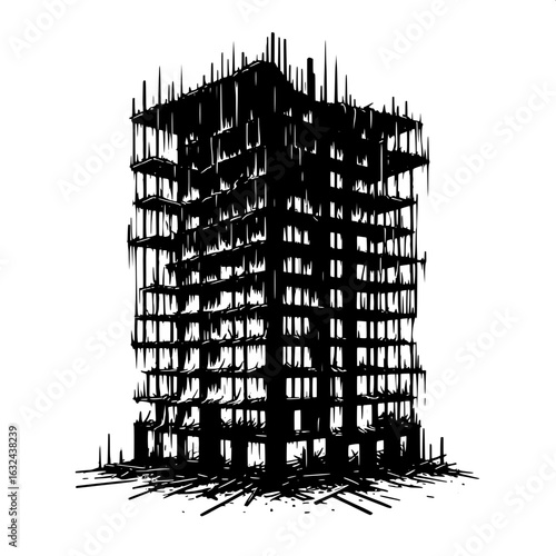 Black and White Vector Silhouette of a Burnt Building Frame