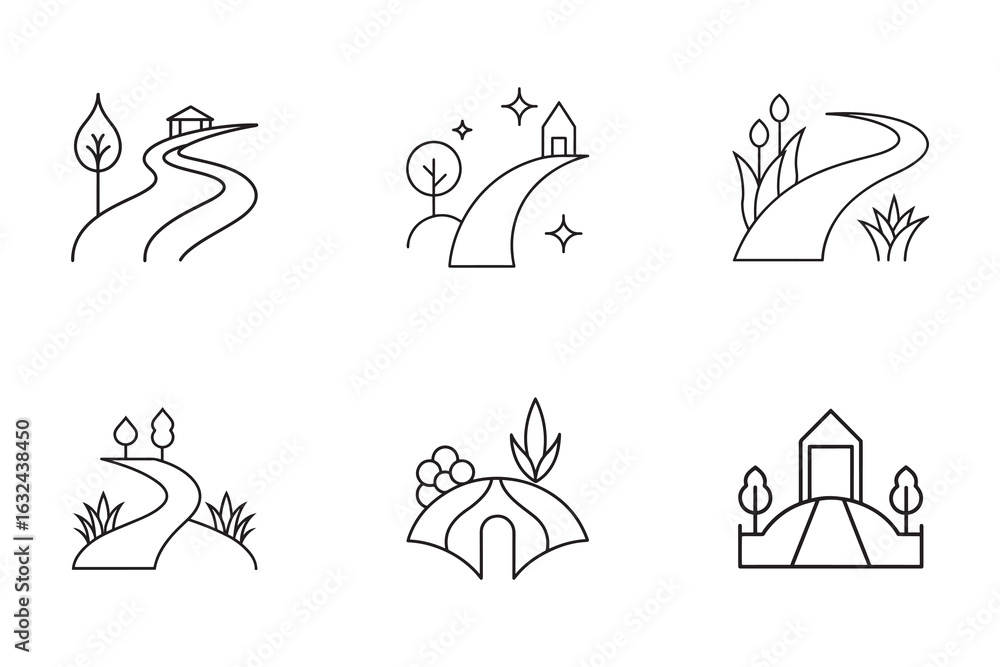 Fototapeta premium Collection of Simple Line Art Landscape Icons Featuring Nature and Structures in a Minimalist Style on White Background