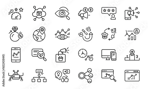 24 SEO and Digital Marketing Line Icons – Analytics, Social Media, Automation, Mobile Ads, Global Marketing, Search Optimization Vector Icon Set for Websites, Apps & Online Business Projects