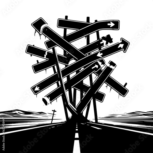 Black and White Vector Silhouette of Damaged Highway Signs