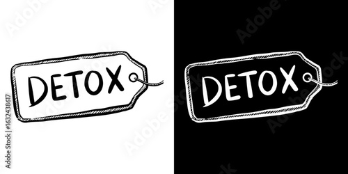 "Detox" tag illustration in pencil drawing, Isolated vector image, two variants of design on transparent and black background, chalk drawing
