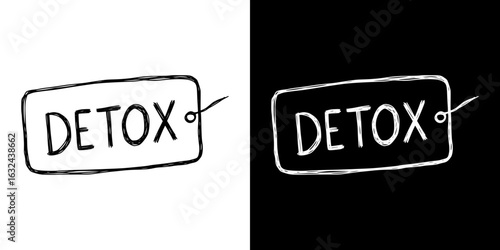 "Detox" label,  Isolated vector image, two variants of design on transparent and black background, pencil drawing, chalk drawing
