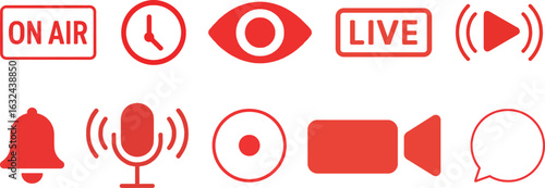 Live Broadcast and Media Icon Set – On Air, Live, Microphone, Camera, Play, Notification, Red Vector Clipart