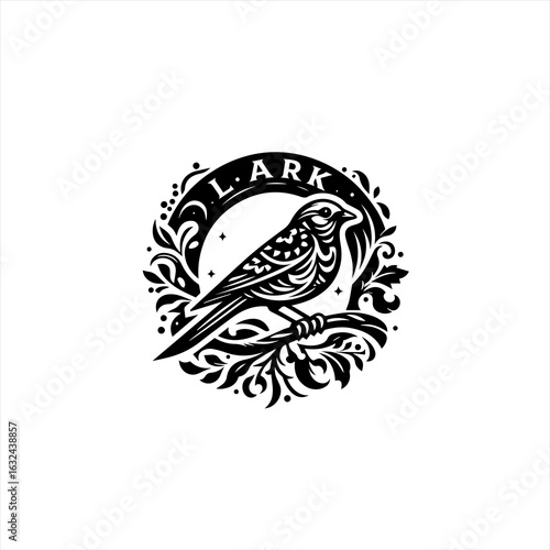 Stylized black and white illustration of a lark perched on a branch within a decorative circular frame