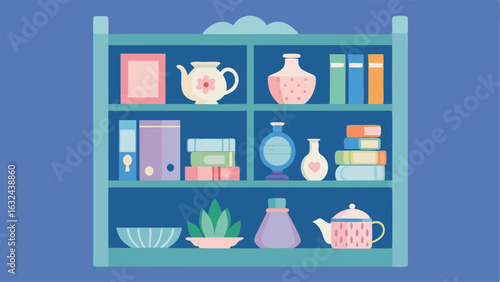 A pastel blue bookcase filled with ceramics and vintage knickknacks.