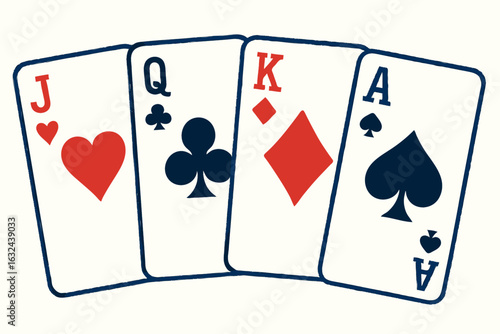 Royal flush poker hand with playing cards and colorful casino chips on white background