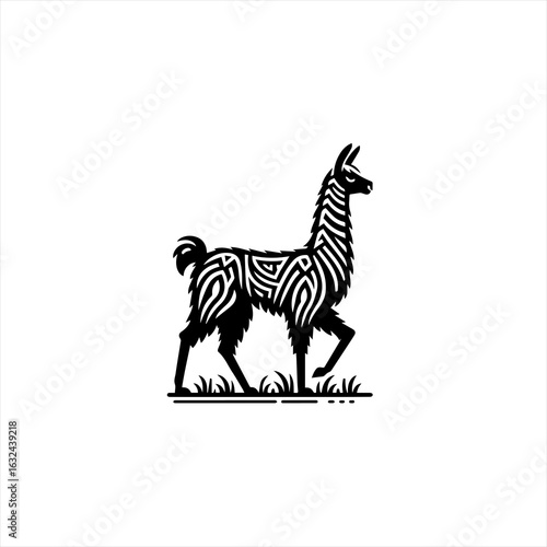 Stylized black llama silhouette with maze pattern walking on grass