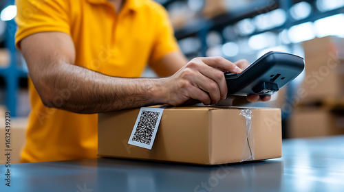 Wallpaper Mural Warehouse inventory management scanning packages with mobile devices modern logistics facility action shot efficiency focus Torontodigital.ca