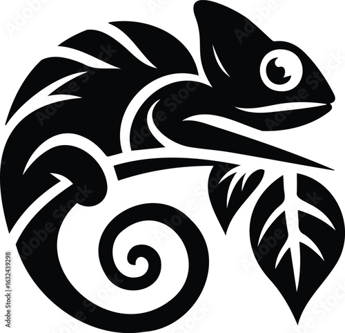A stylized chameleon tattoo vector illustration in black ink, featuring a tribal-inspired design