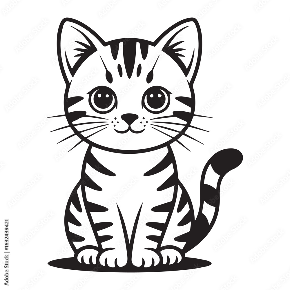 Obraz premium Vector art of cute tabby kitten sitting and looking forward with big round eyes, isolated on white background