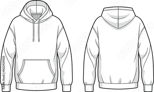 PrintBlank hoodie, front and back, pullover sweatshirt, white hoodie mockup, apparel template, unisex design, fashion sketch, hoodie vector, casual wear, isolated image