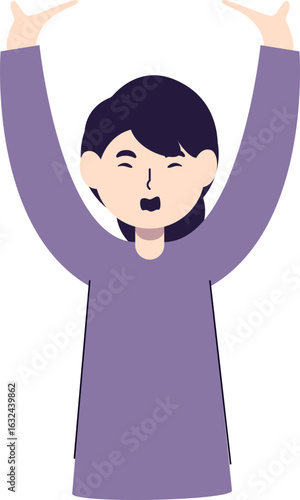 Cartoon illustration of a woman with dark hair, arms raised in excitement and joy.