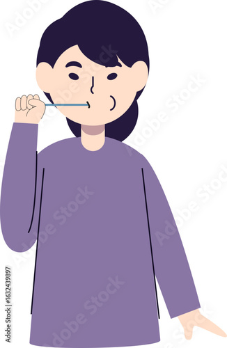 A woman with dark hair brushing her teeth in a purple shirt, showing daily hygiene.