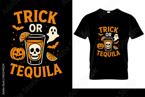 Trick or Tequila funny Halloween drinking pun. T-shirt design with spooky typography and jack-o'-lantern pumpkins. Vector graphic for an adult party.