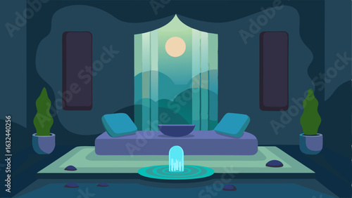 A peaceful meditation room with dim lighting comfortable cushions and a tranquil waterfall feature. A sign on the wall invites patients to take a moment to relax and destress.