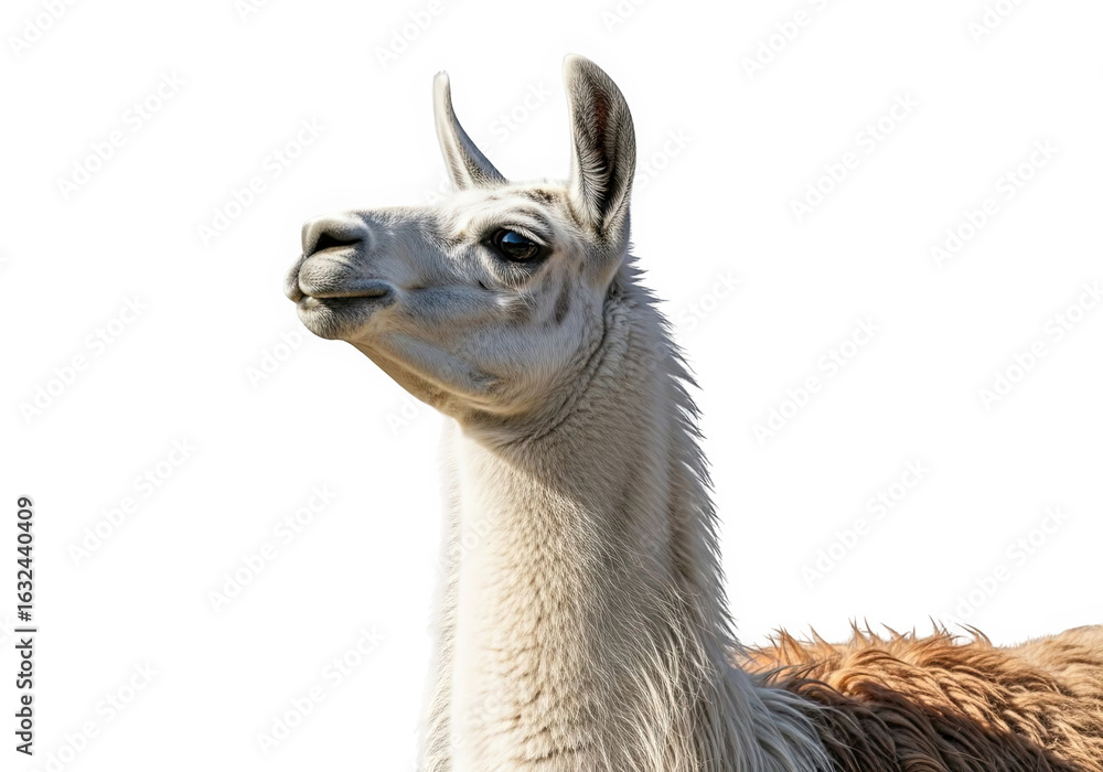 Obraz premium Closeup portrait of a llamas head and neck, showing its fluffy white fur and curious expression, isolated on transparent background