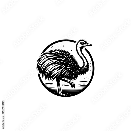 Stylized black and white emu bird in circle emblem