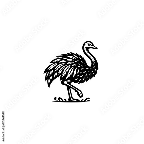 Stylized black and white emu walking on white background