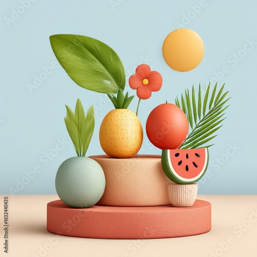 Wallpaper Mural Summer Fruit Still Life 3D Rendered Tropical Scene with Textured Platforms Torontodigital.ca