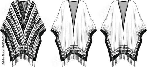 PrintBoho kimono cardigan flat sketch, front and back view, fashion technical drawing, ethnic print garment, fringe trim illustration