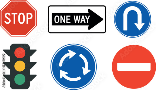 Traffic Sign Icon Set – Stop, One Way, U-Turn, Traffic Light, Roundabout, No Entry, Road Sign Vector Clipart
