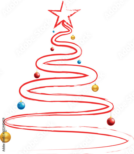 Christmas Tree Vector on white. Red Christmas Tree Painted illustration. Sketch, drawn or painted artistic illustration of a x mas tree. Ribbon Christmas Stylish Tree. Vector can be to any size.
