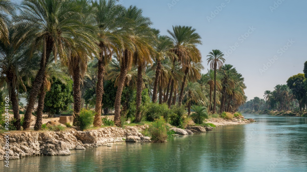 Obraz premium Palm trees line a calm river